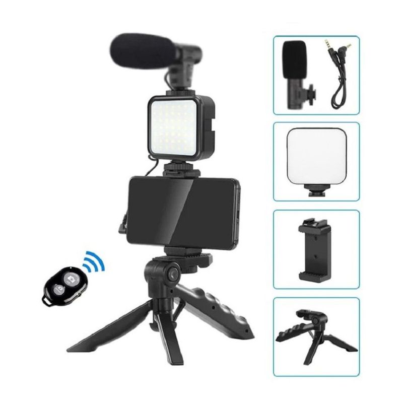 Kit Estabilizador Trípode Soporte para Celular Luz Led y Micrófono
