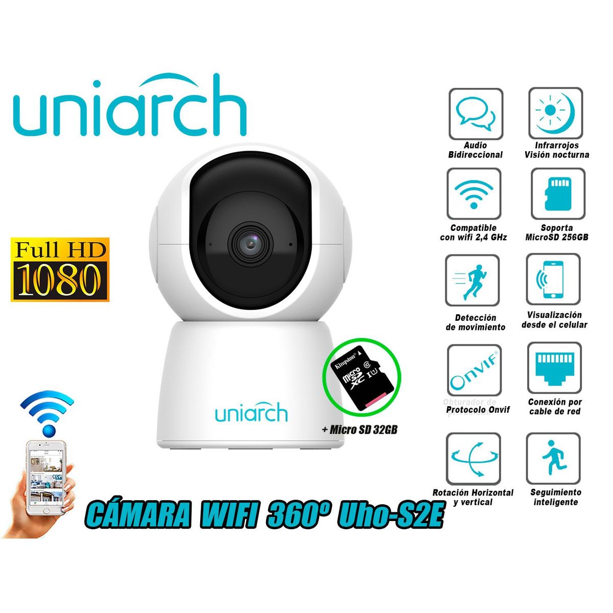 UNIARCH - Cámara Seguridad Wifi Inalambrico 1080P 360° Uho-S2E + SD 32GB