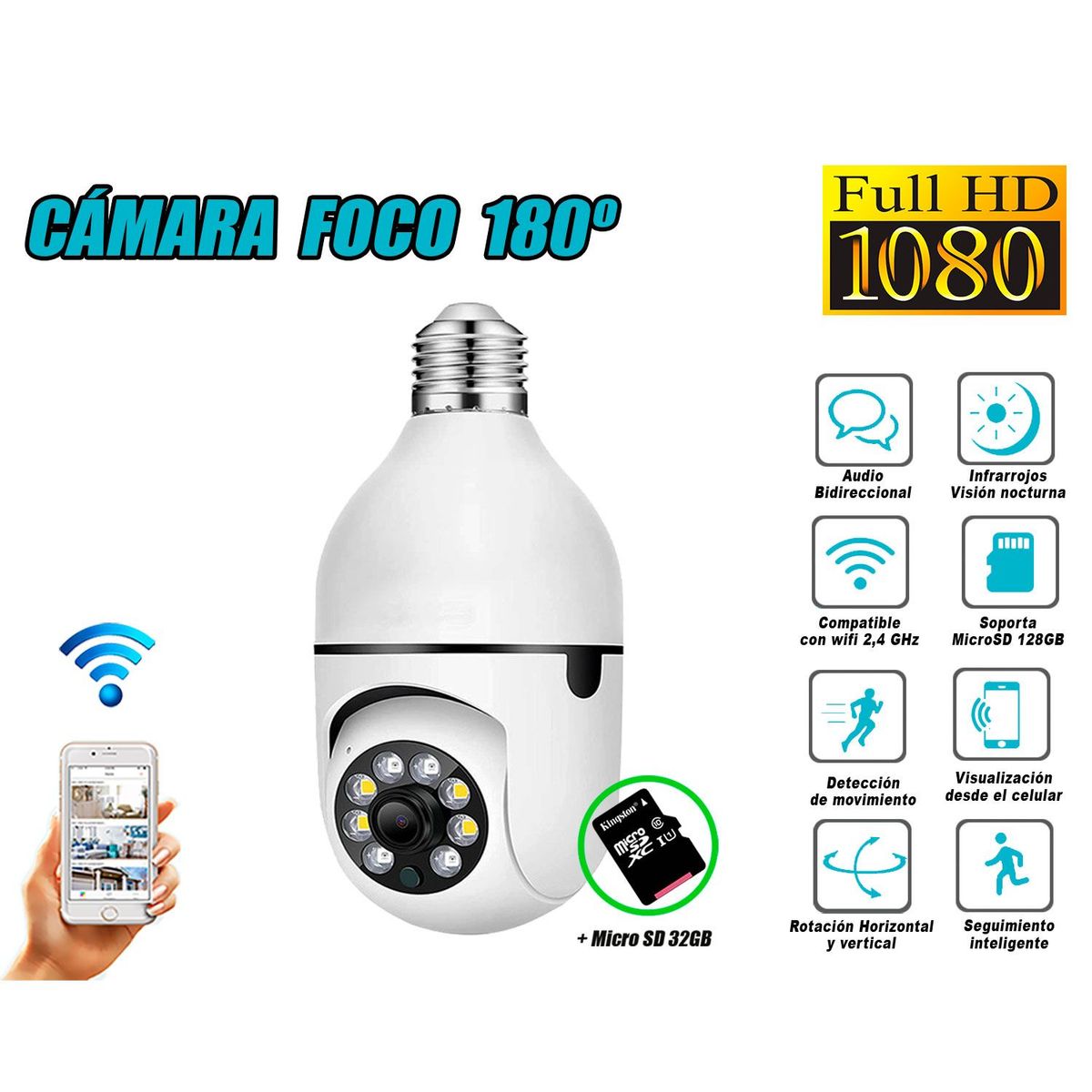 GENERICO - Cámara Seguridad Foco 180º WiFi Inteligente Full HD + Micro SD 32GB