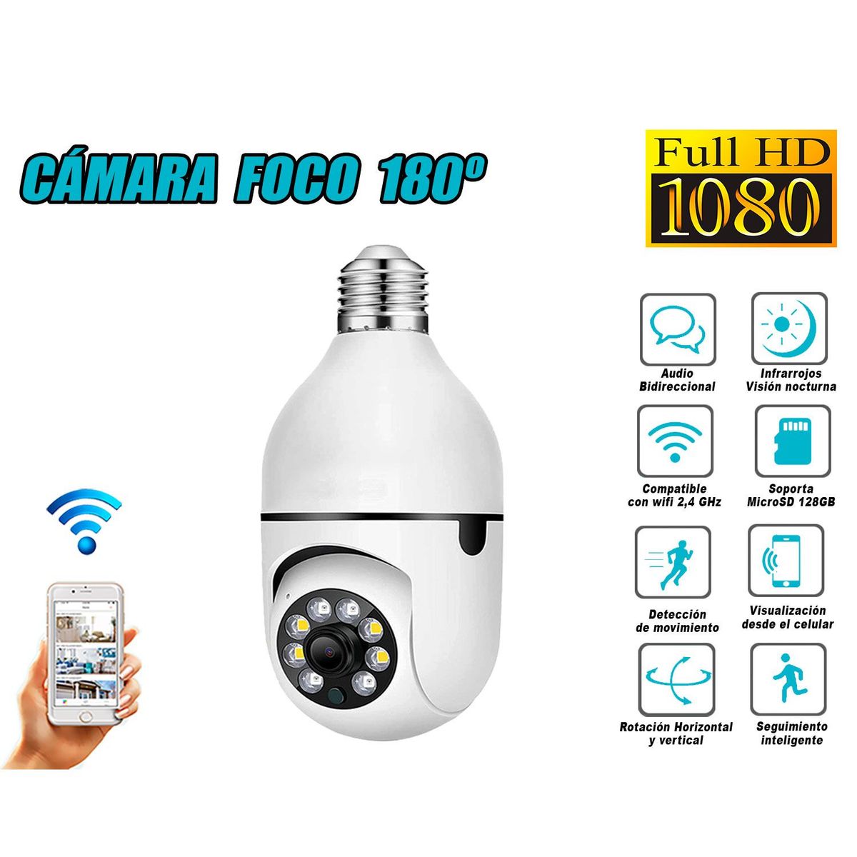 GENERICO - Cámara Seguridad Foco 180º WiFi Inteligente Full HD