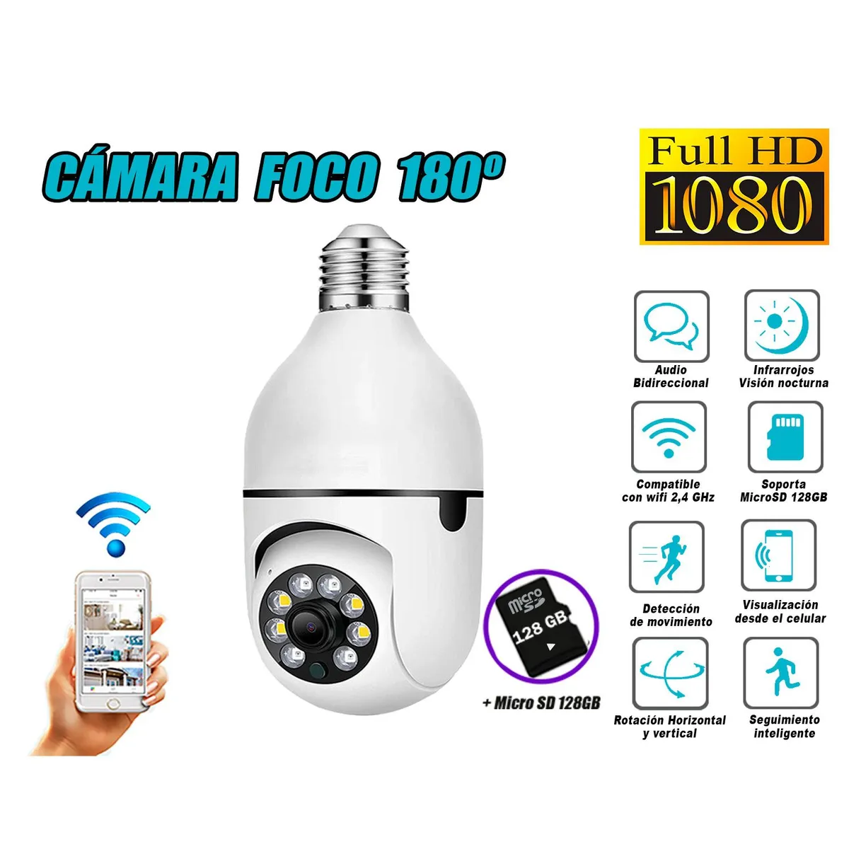 GENERICO - Cámara Seguridad Foco 180º WiFi Inteligente Full HD + Micro SD 128GB