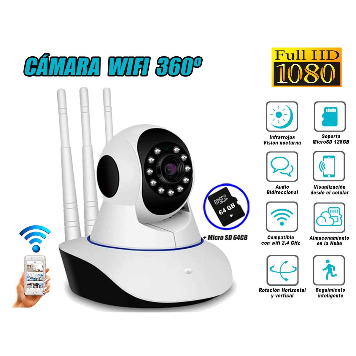 GENERICO - Cámara de Seguridad 360º 3 Antenas 1080P WiFi Inteligente MicroSD 64GB