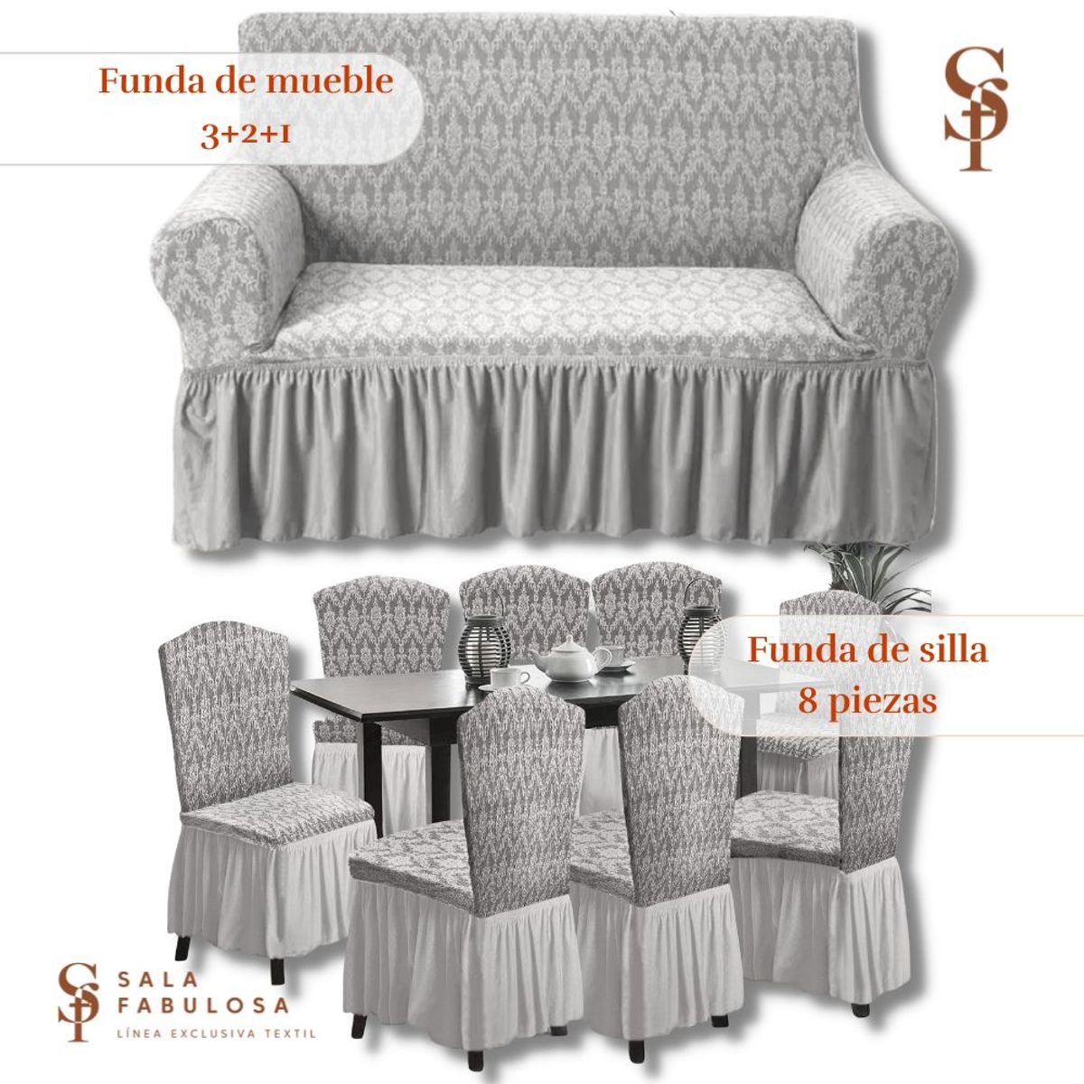 SALA FABULOSA - Set Funda de mueble 3-2-1 asientos + 8 fundas de silla Gris Diamante