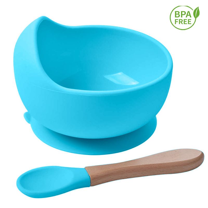 GENERICO - Cuenco celeste de silicona con cuchara de bebe