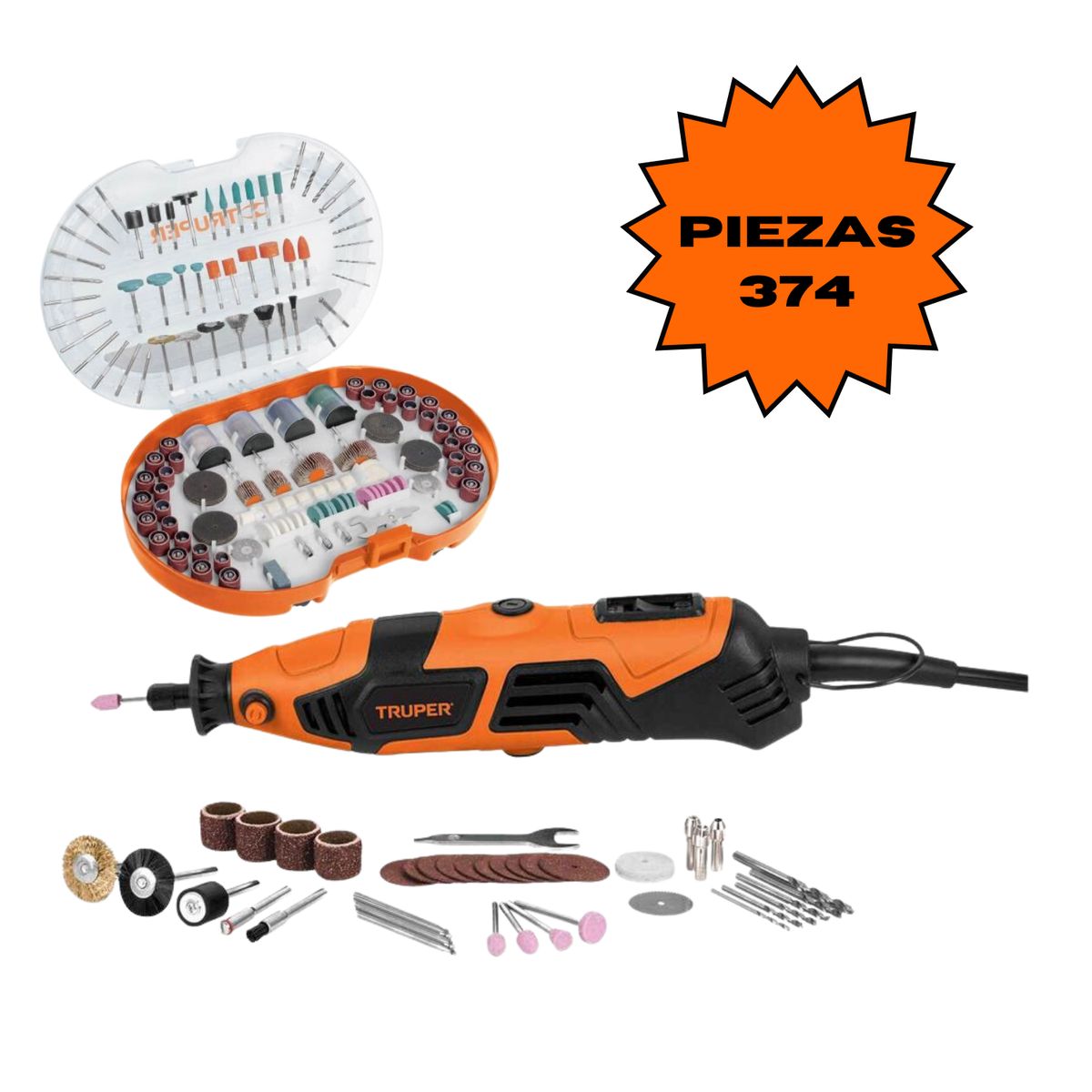 TRUPER - Kit mini taladro rectificadora con accesorios 374 Piezas Truper