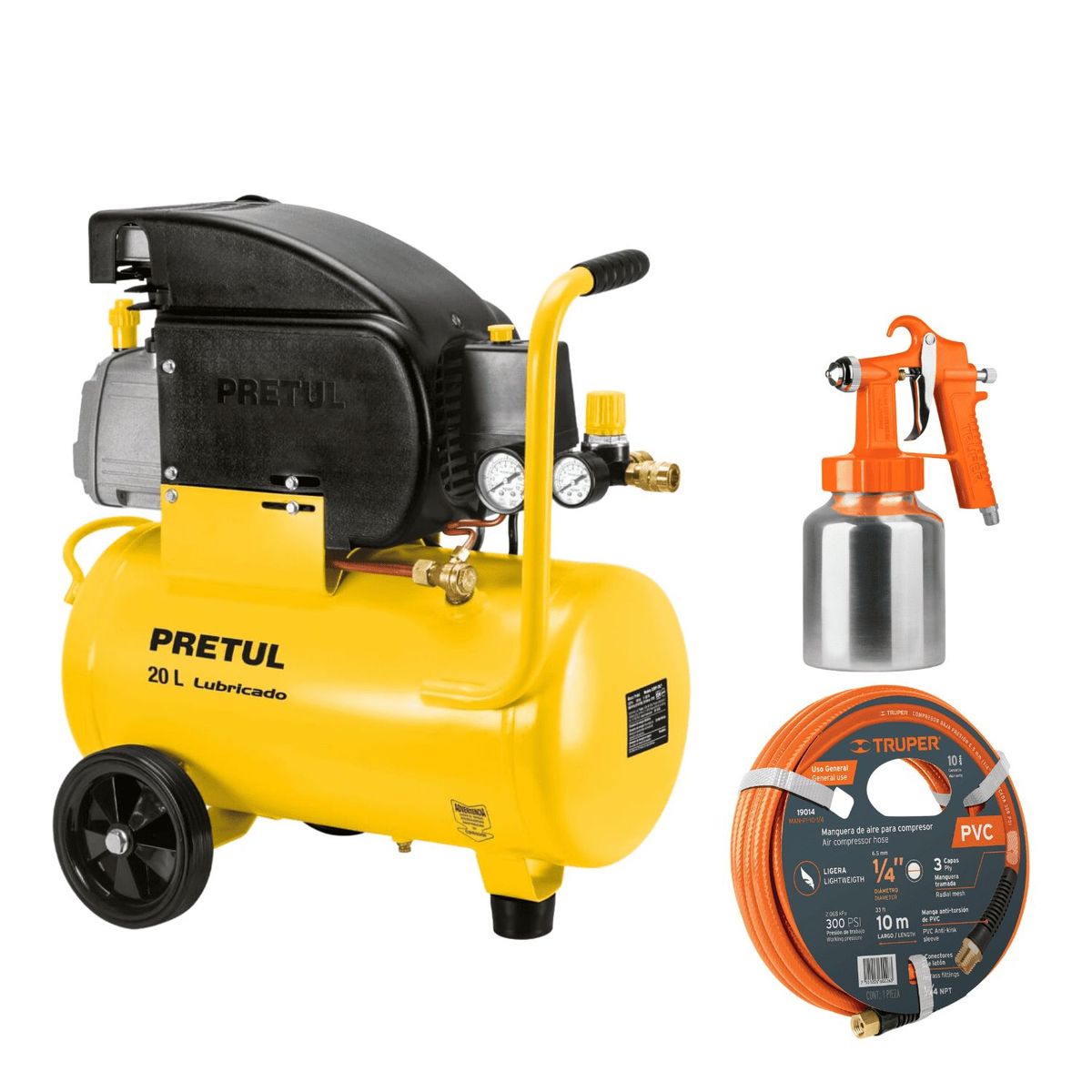 PRETUL - Combo compresora de 20 litros pretul con manguera 10m y pistola Truper