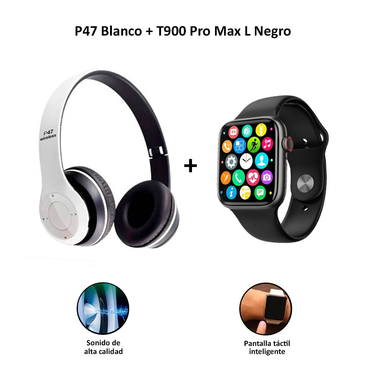 SASARU - Audífonos Bluetooth P47 Blanco+Smartwatch Serie 8 T900 Pro Max L Negro