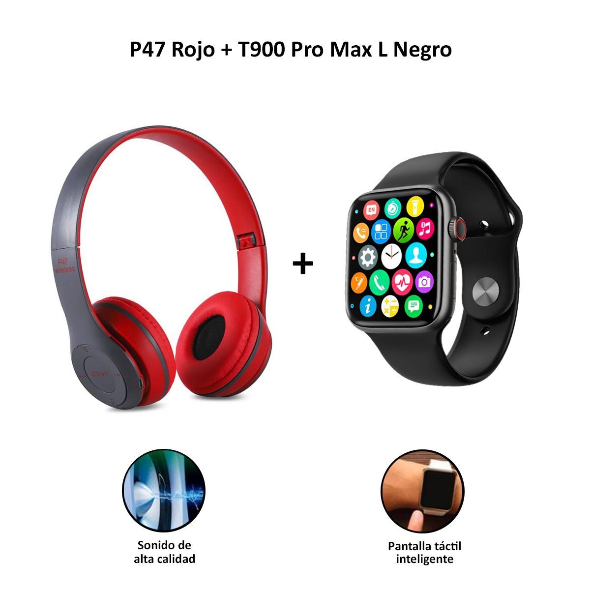 SASARU - Audífonos Bluetooth P47 Rojo+Smartwatch Serie 8 T900 Pro Max L Negro