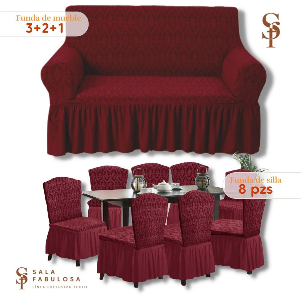 SALA FABULOSA - Set Funda de mueble 3-2-1 asientos + 8 fundas de silla Guinda Diamante