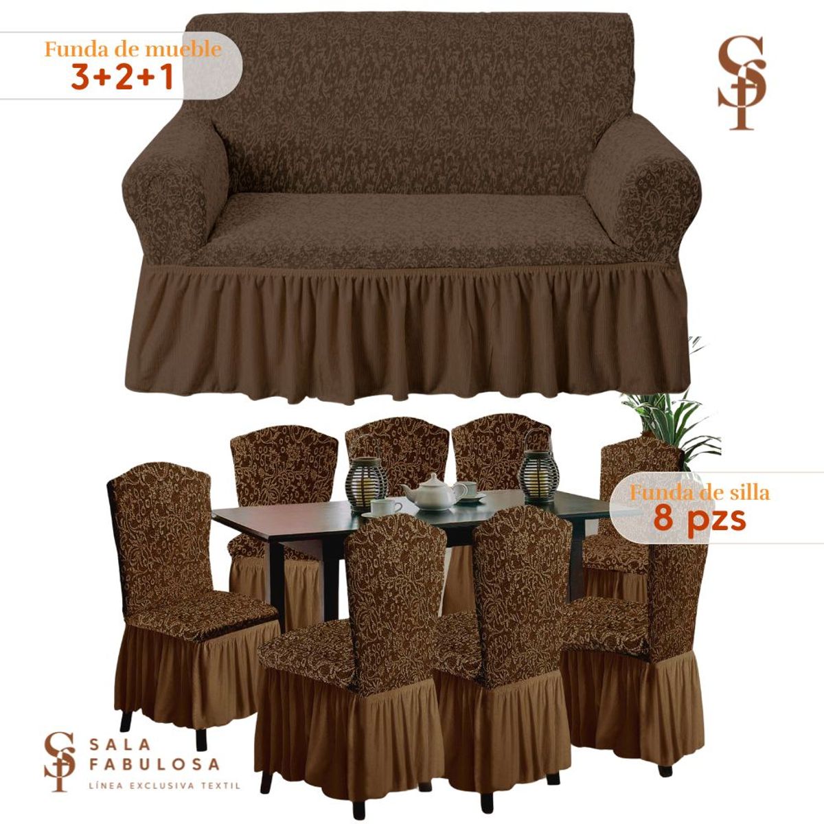 SALA FABULOSA - Set Funda de mueble 3-2-1 asientos + 8 fundas de silla chocolate