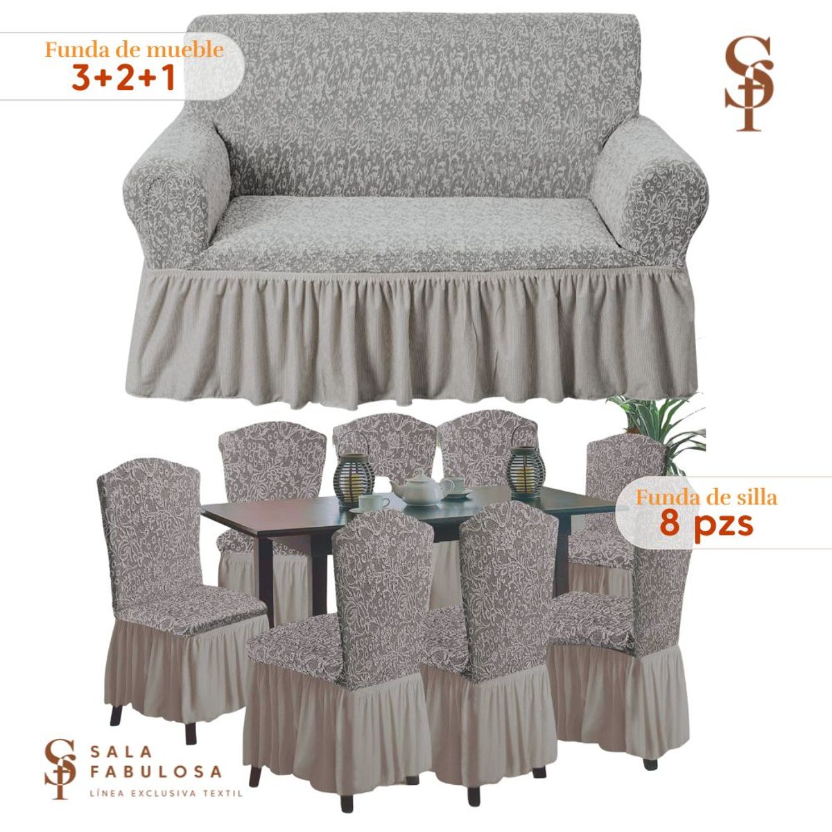 SALA FABULOSA - Set Funda de mueble 3-2-1 asientos + 8 fundas de silla Gris espiral