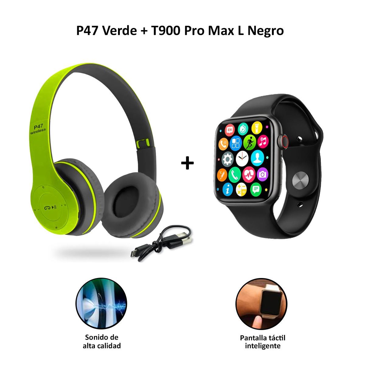 SASARU - Audífonos P47 Verde+Smartwatch 8 T900 Pro Max L Negro