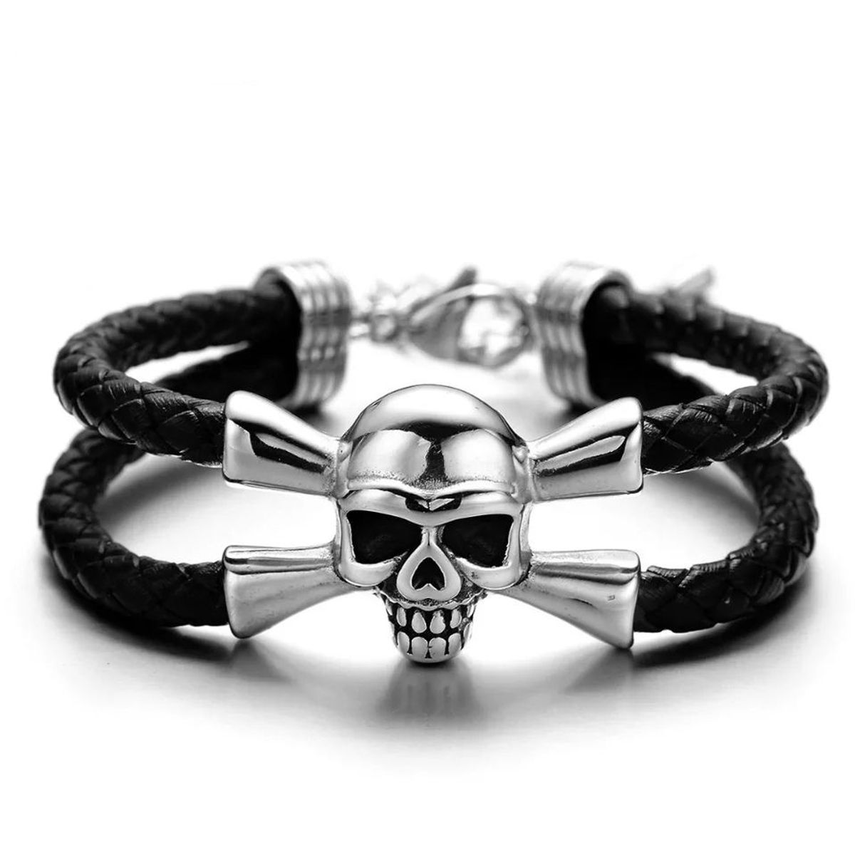 GENERICO - BRAZALETE SKULL CUERO GENUINO Y ACERO INOXIDABLE