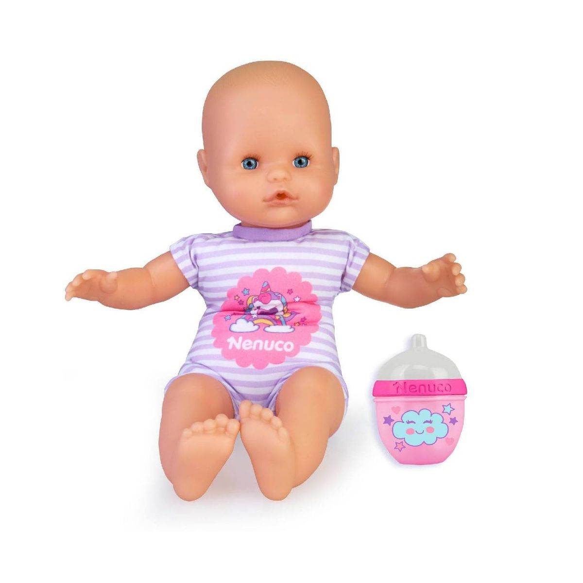 NENUCO - Juguete Muñeca Nenuco con Biberón y Sonajero Lila Rayas