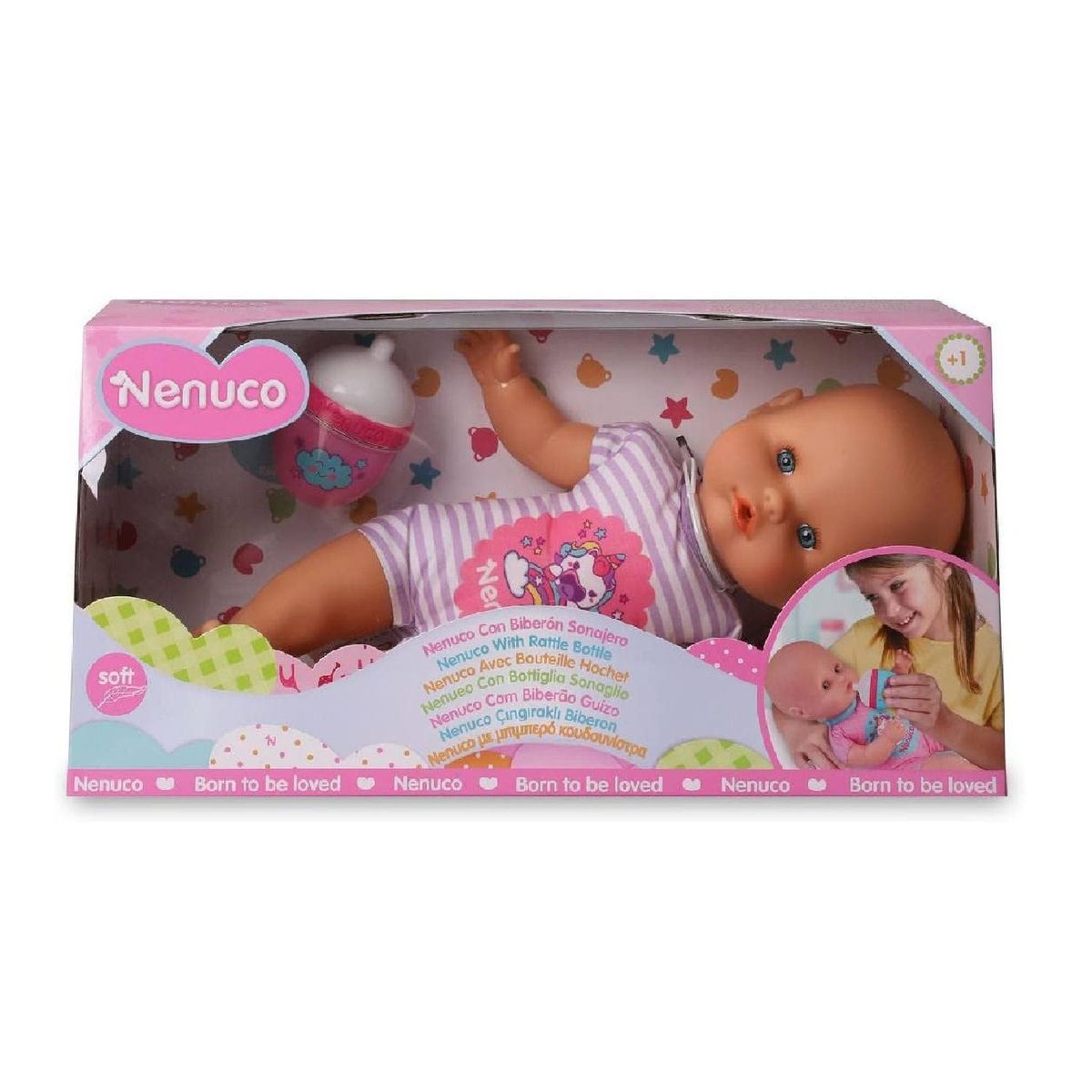 NENUCO - Juguete Muñeca Nenuco con Biberón y Sonajero Lila Rayas