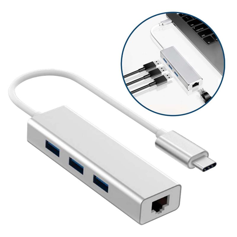 BUYPAL - Adaptador Hub Tipo C 3 Puertos USB 2.0 + Ethernet