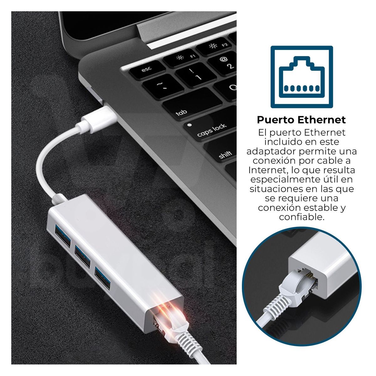 BUYPAL - Adaptador Hub Tipo C 3 Puertos USB 2.0 + Ethernet