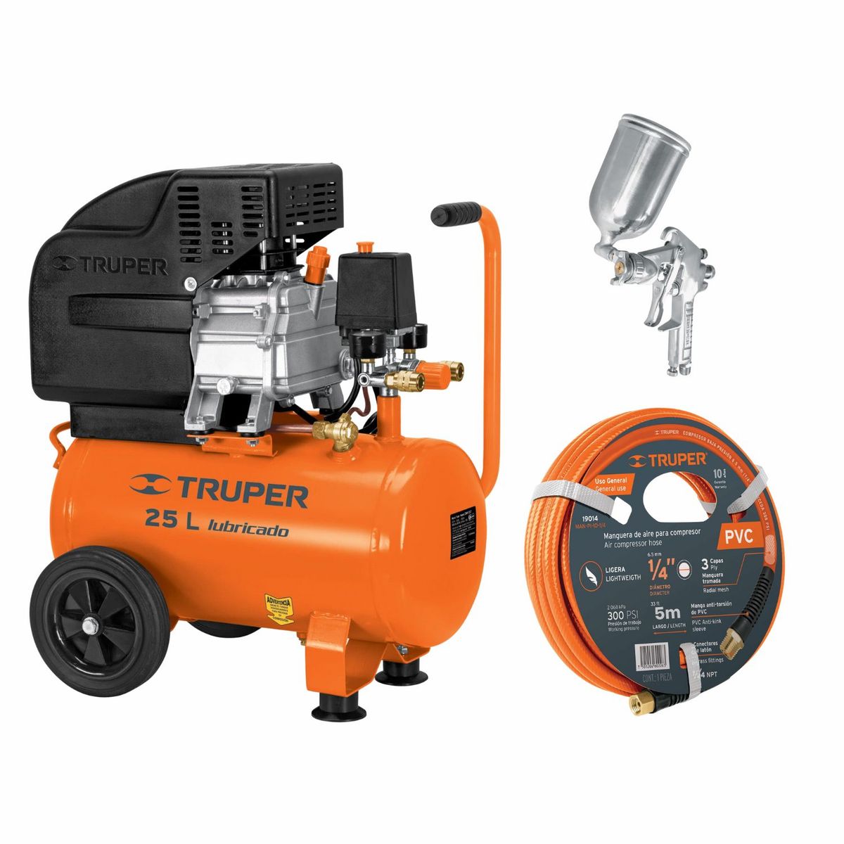 TRUPER - Compresora de 25 Lt con manguera 5m y pistola de alta presión Truper