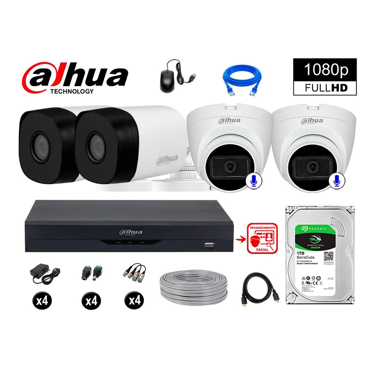 DAHUA - CÁMARAS SEGURIDAD KIT 4 FHD 2 CAMARA AUDIO + 1TB REC FACIAL