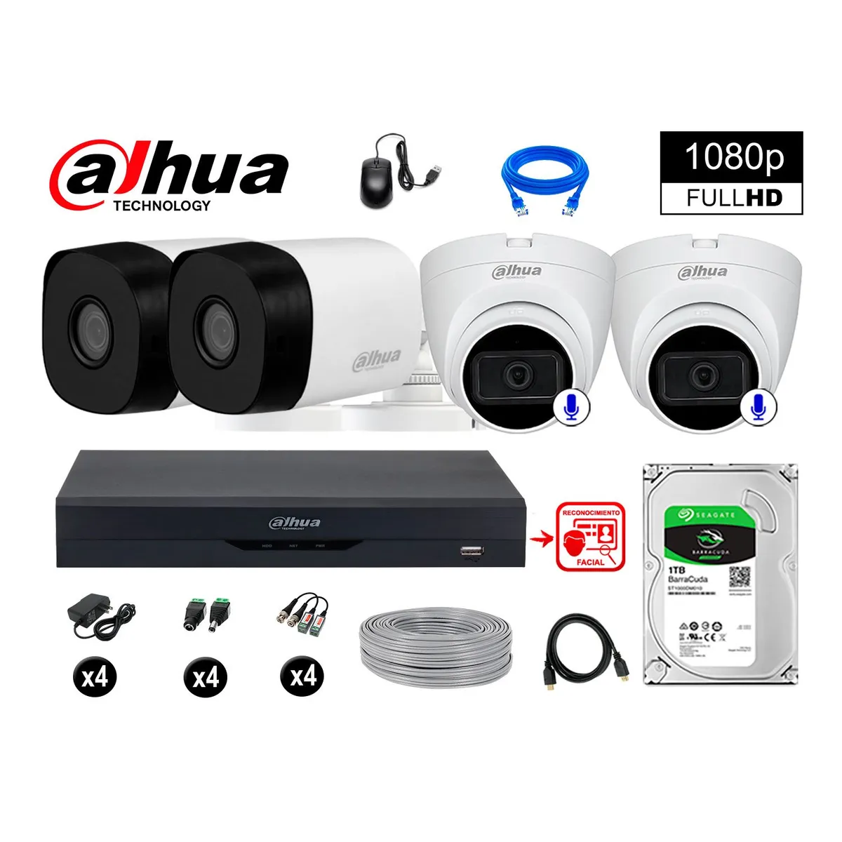 DAHUA - CÁMARAS SEGURIDAD KIT 4 FHD 2 CAMARA AUDIO + 1TB REC FACIAL