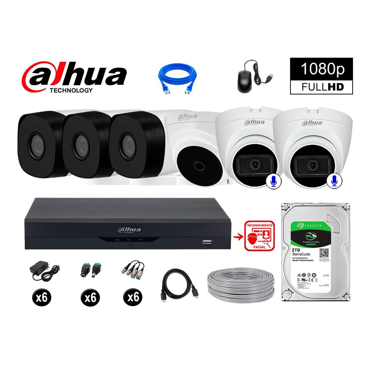 DAHUA - CÁMARAS SEGURIDAD KIT 6 FHD 2 CAMARA AUDIO + 2TB REC FACIAL