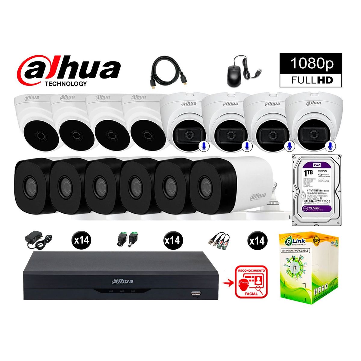 DAHUA - CÁMARAS SEGURIDAD KIT 14 FHD 4 CAMARA AUDIO +1TB REC FACIAL