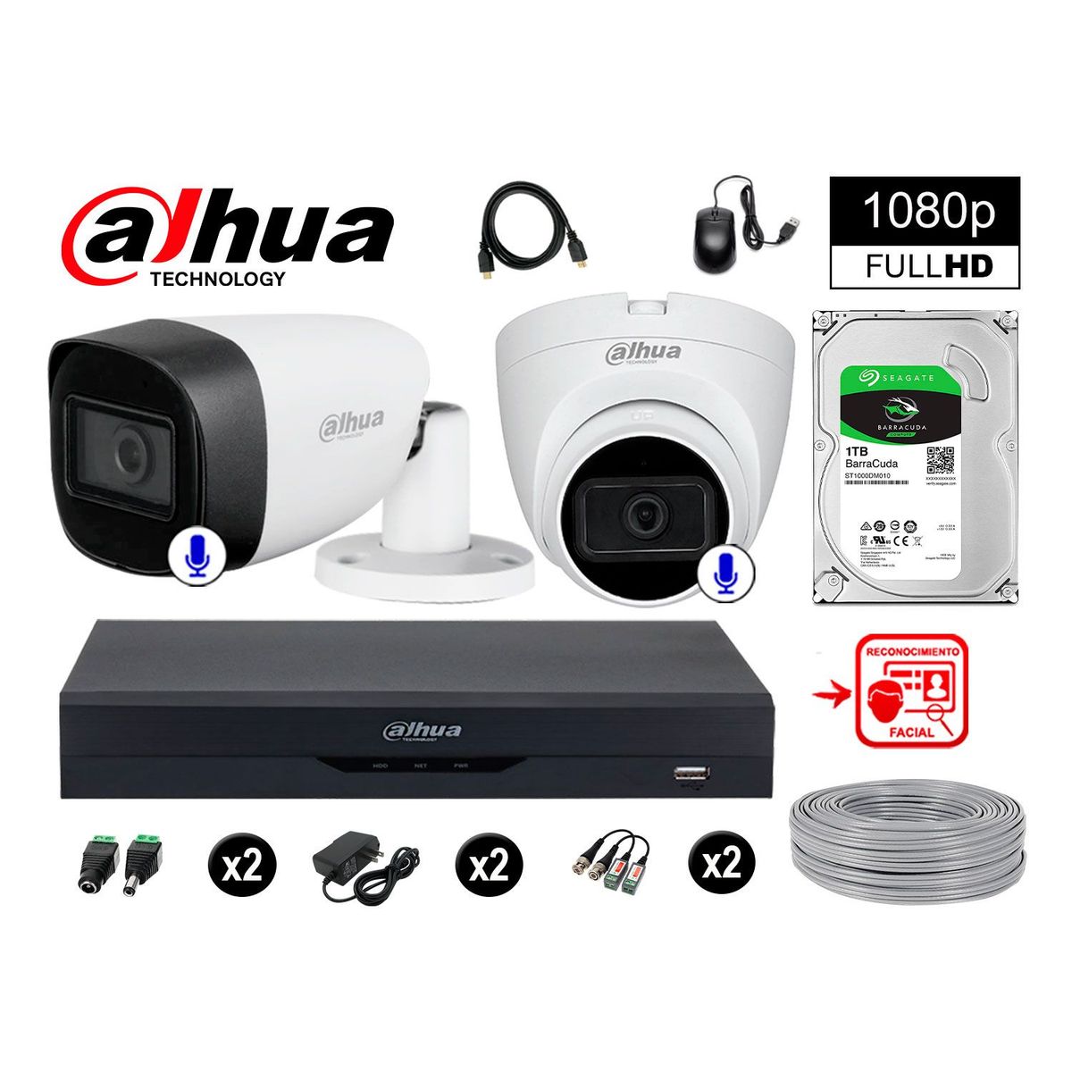 DAHUA - CÁMARAS SEGURIDAD KIT 2 FHD 2 CAMARA AUDIO + 1TB REC FACIAL