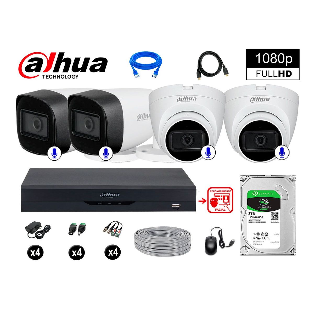 DAHUA - CÁMARAS SEGURIDAD KIT 4 CON AUDIO FHD +DISCO 2TB REC FACIAL
