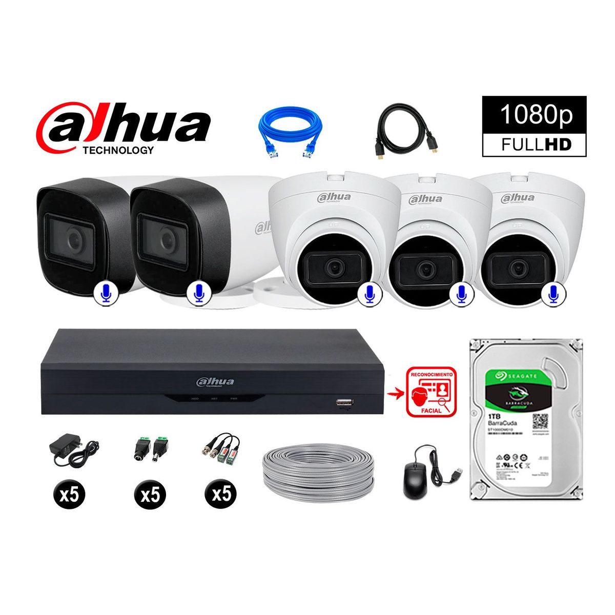 DAHUA - CÁMARAS SEGURIDAD KIT 5 CON AUDIO FHD +DISCO 1TB REC FACIAL