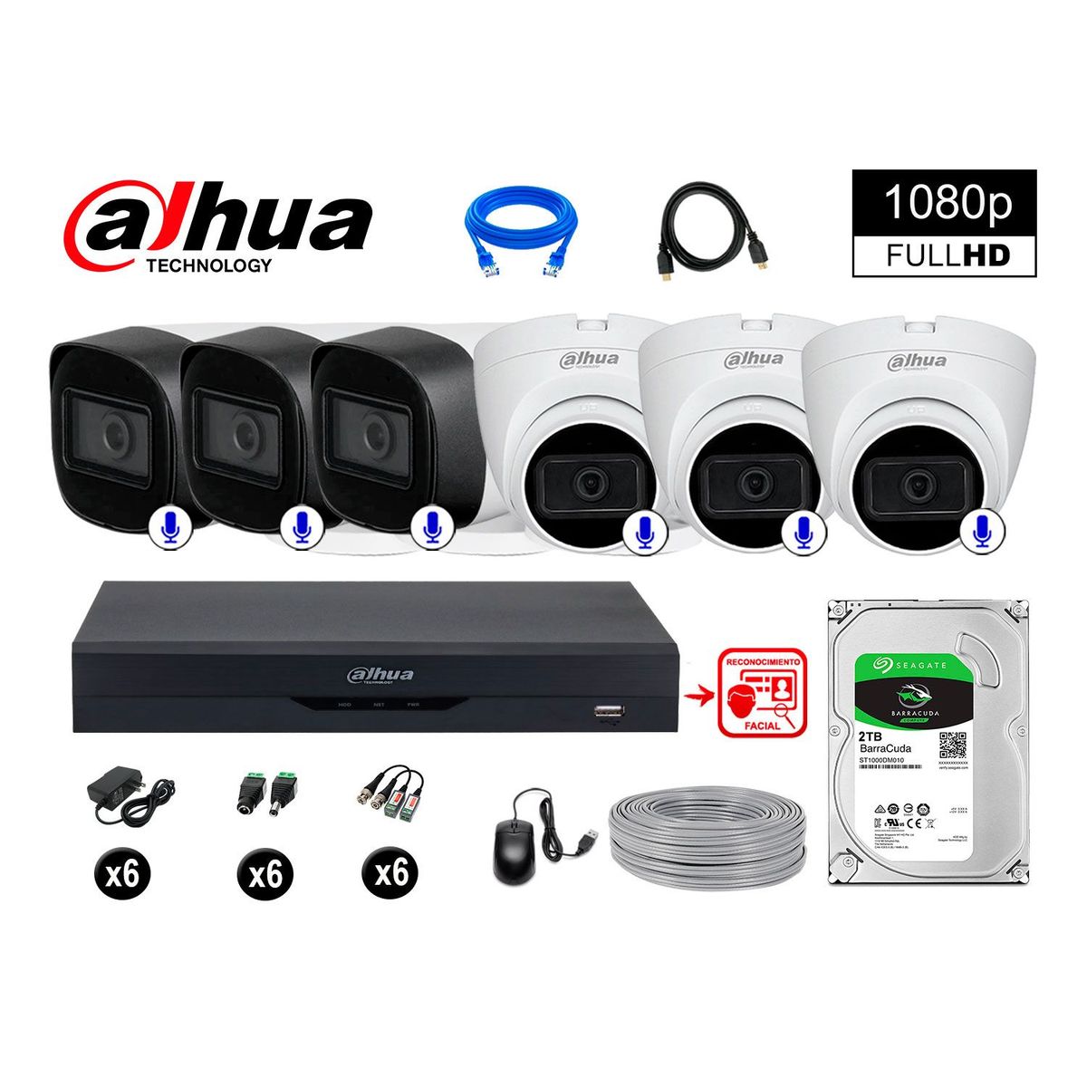 DAHUA - CÁMARAS SEGURIDAD KIT 6 CON AUDIO FHD +DISCO 2TB REC FACIAL