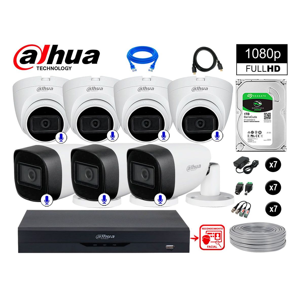 DAHUA - CÁMARAS SEGURIDAD KIT 7 CON AUDIO FHD +DISCO 1TB REC FACIAL