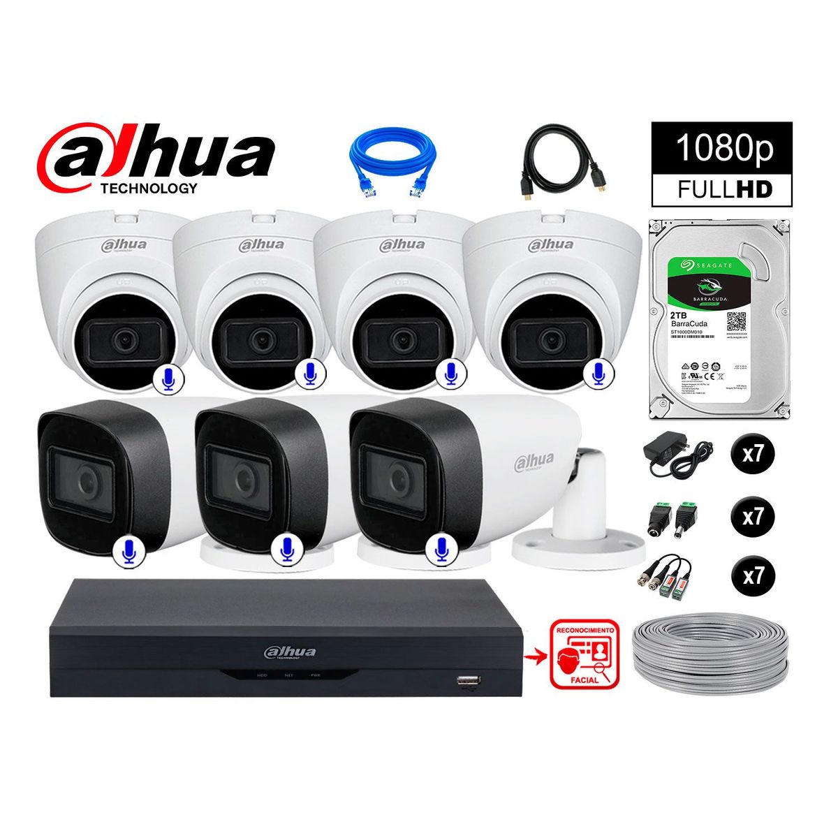 DAHUA - CÁMARAS SEGURIDAD KIT 7 CON AUDIO FHD +DISCO 2TB REC FACIAL