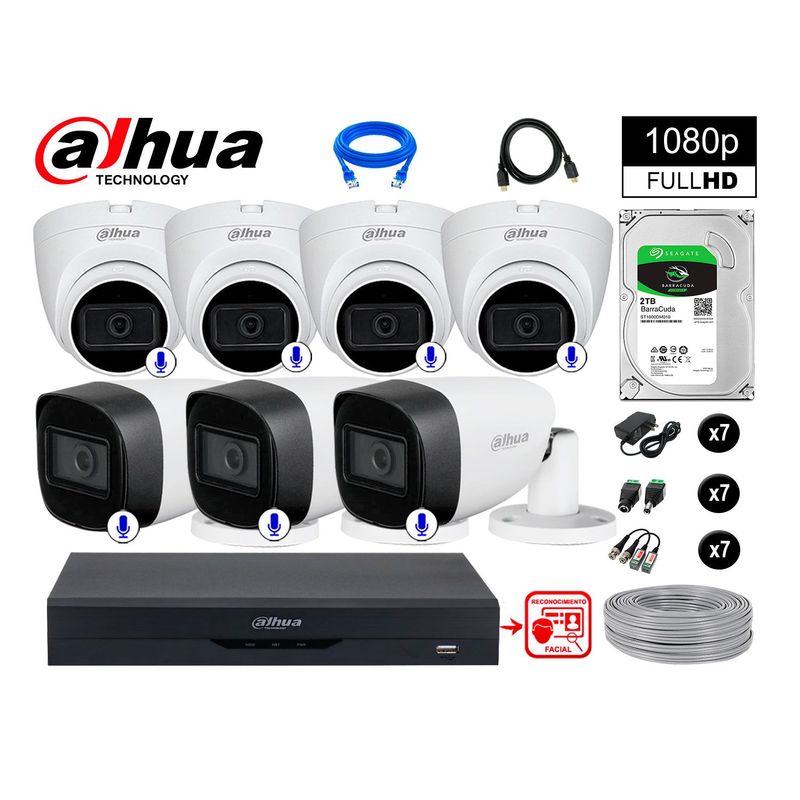 DAHUA - CÁMARAS SEGURIDAD KIT 7 CON AUDIO FHD +DISCO 2TB REC FACIAL