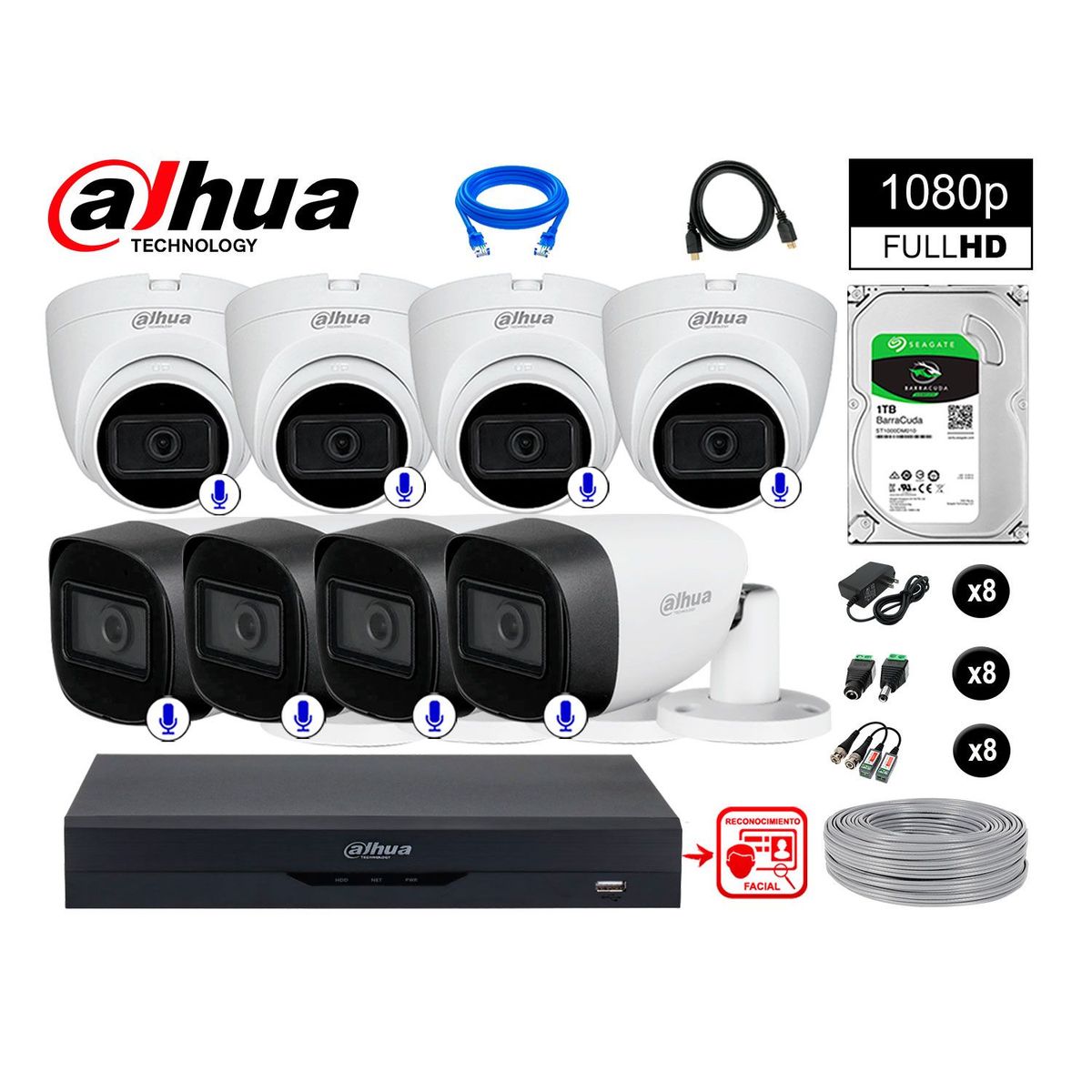 DAHUA - CÁMARAS SEGURIDAD KIT 8 CON AUDIO FHD +DISCO 1TB REC FACIAL