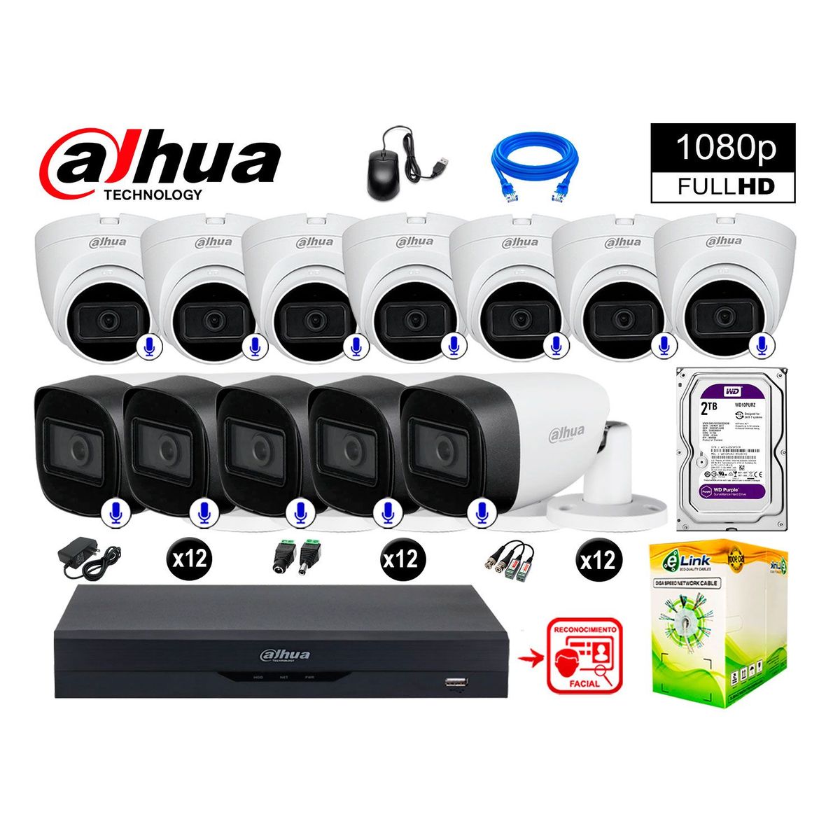 DAHUA - CÁMARAS SEGURIDAD KIT 12 CON AUDIO FHD DISCO 2TB REC FACIAL