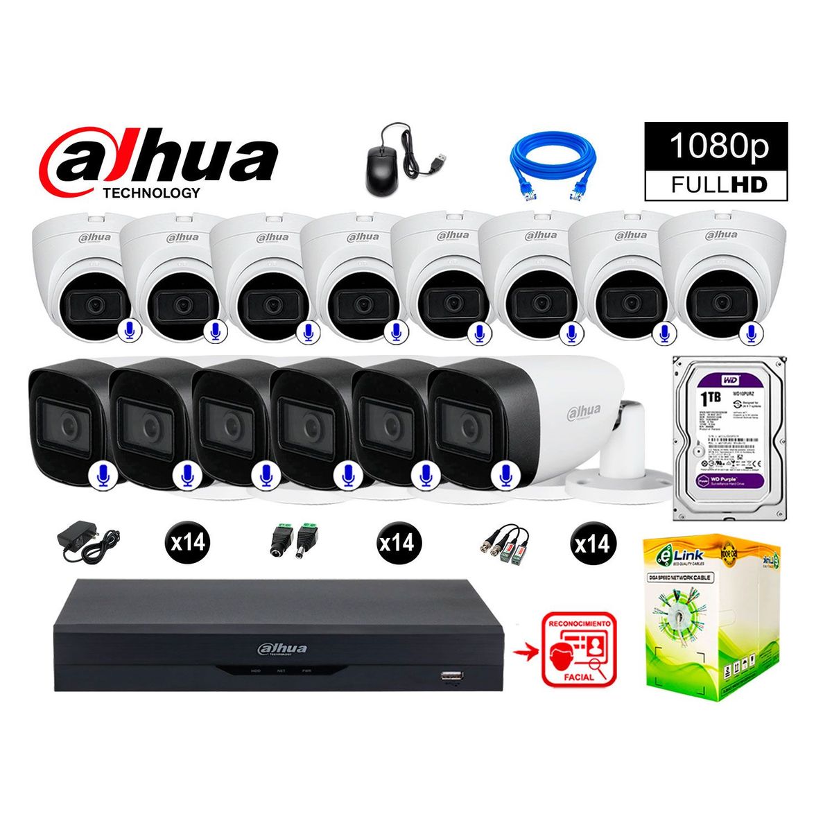 DAHUA - CÁMARAS SEGURIDAD KIT 14 CON AUDIO FHD DISCO 1TB REC FACIAL