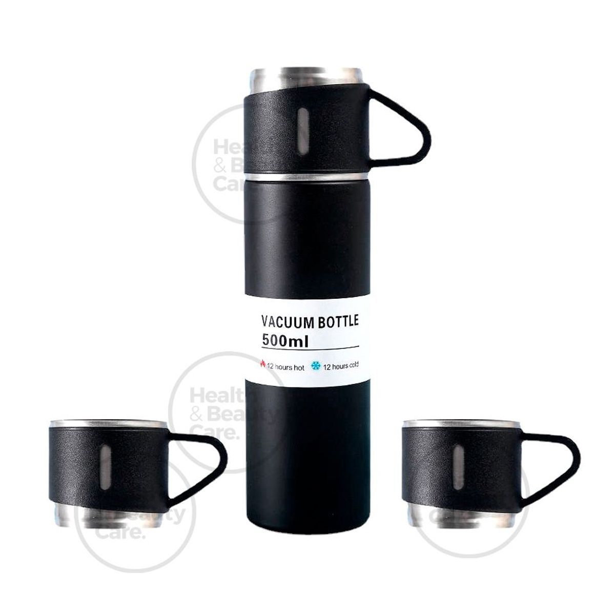 GENERICO - TERMO DE ACERO INOXIDABLE CON 2 TAZAS + BOLSA DE REGALO COLOR NEGRO