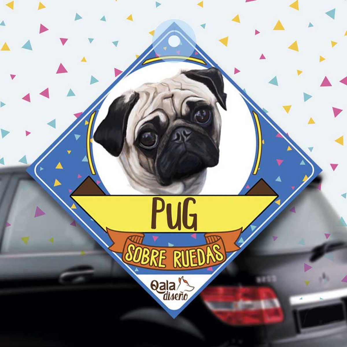 QALA DISEÑO - Colgante de auto 15x15 cm - Qala Diseño - Perro Pug Carlino
