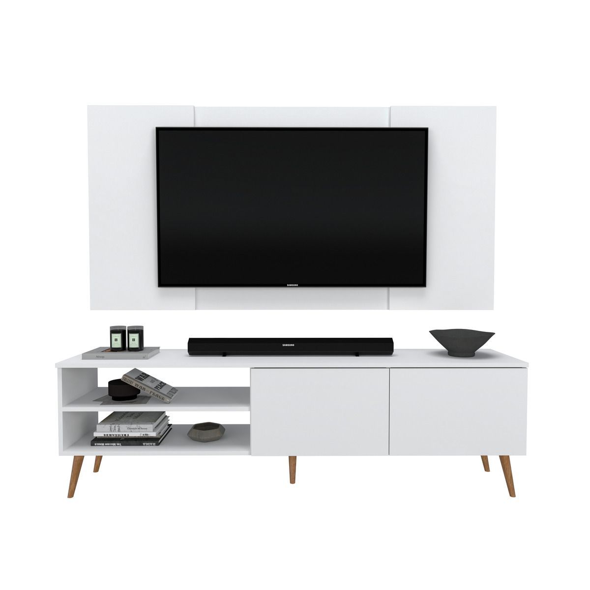 MOVENDA - Centro de Entretenimiento 65″ Caxias Mesa de TV y Panel Movenda Blanco con Patas de Madera