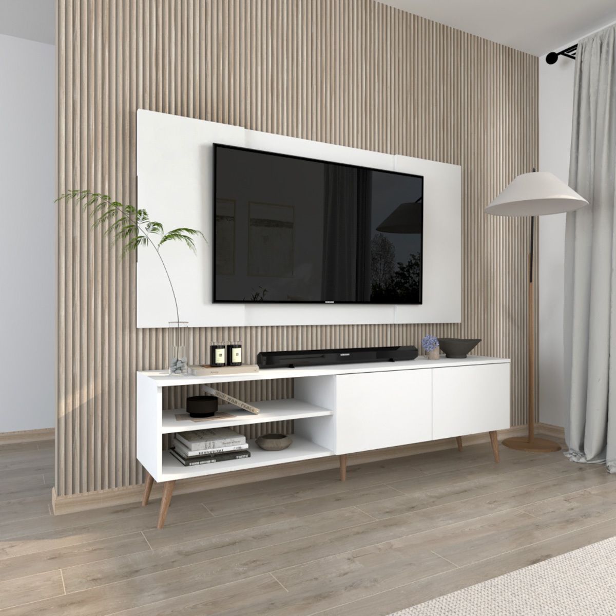 MOVENDA - Centro de Entretenimiento 65″ Caxias Mesa de TV y Panel Movenda Blanco con Patas de Madera