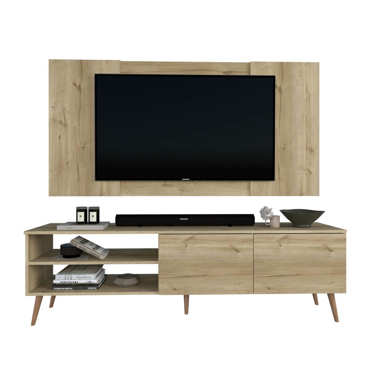 MOVENDA - Centro de Entretenimiento 65″ Caxias Mesa de TV y Panel Movenda Duna con Patas de Madera