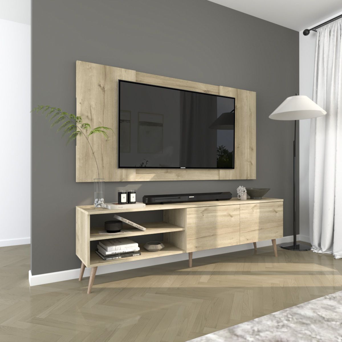 MOVENDA - Centro de Entretenimiento 65″ Caxias Mesa de TV y Panel Movenda Duna con Patas de Madera