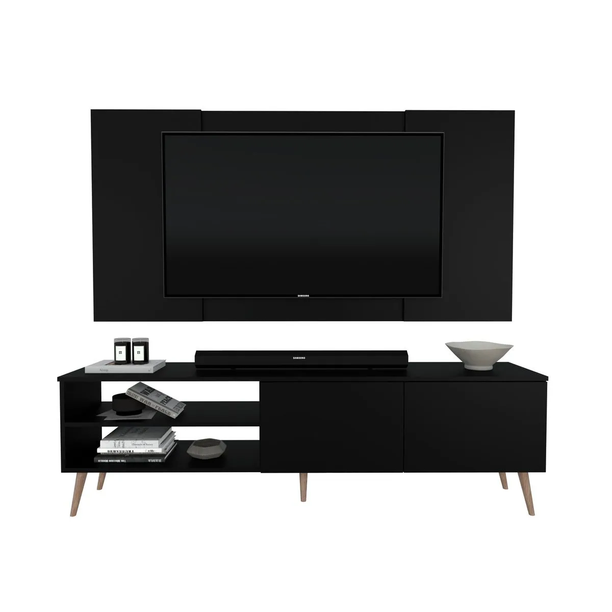 MOVENDA - Centro de Entretenimiento 65″ Caxias Mesa de TV y Panel Movenda Negro con Patas de Madera