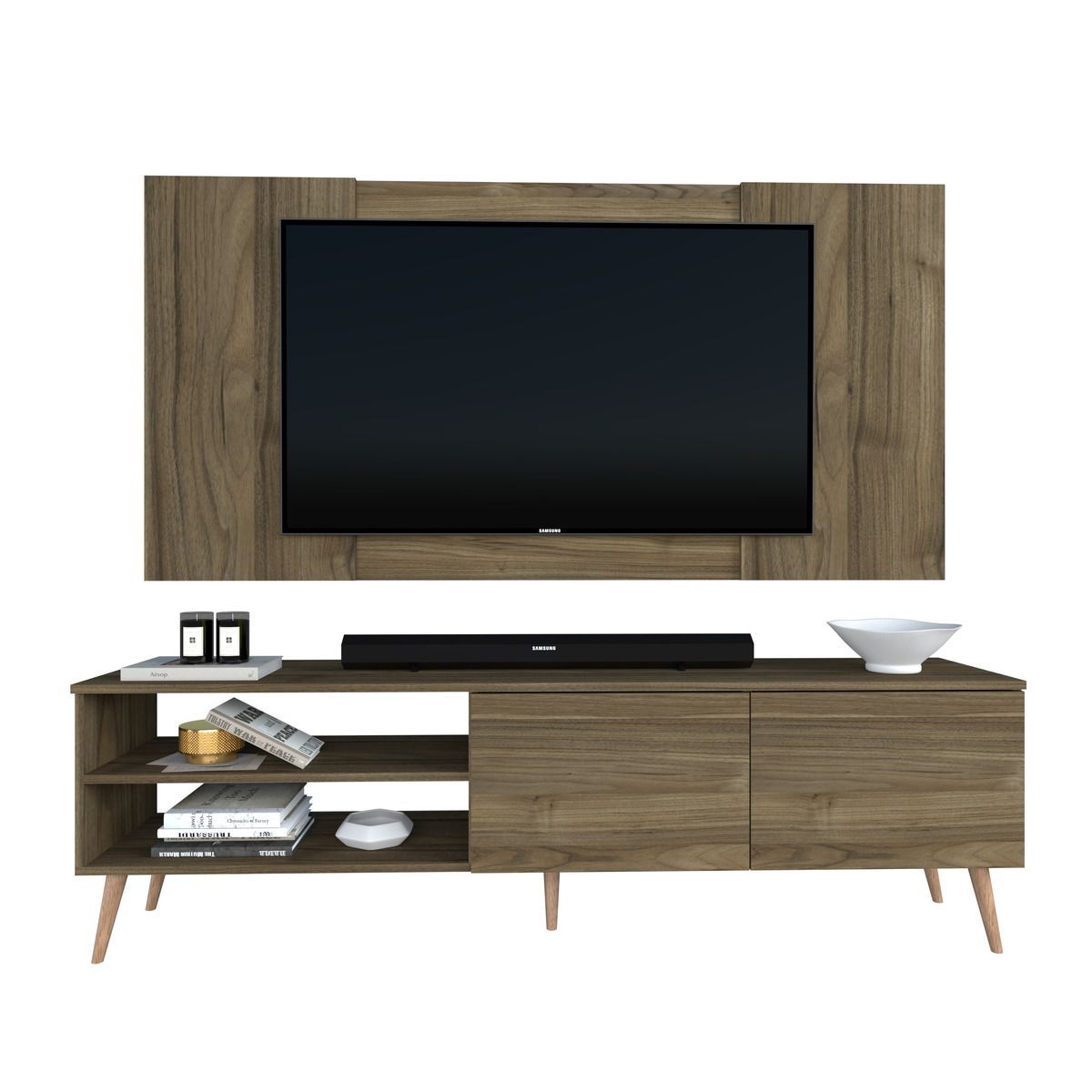 MOVENDA - Centro de Entretenimiento 65? Caxias Mesa de TV y Panel Movenda Gales con Patas de Madera