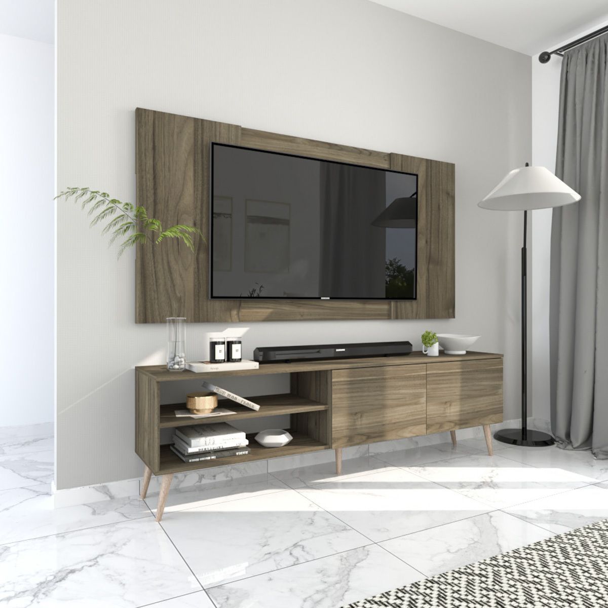 MOVENDA - Centro de Entretenimiento 65? Caxias Mesa de TV y Panel Movenda Gales con Patas de Madera