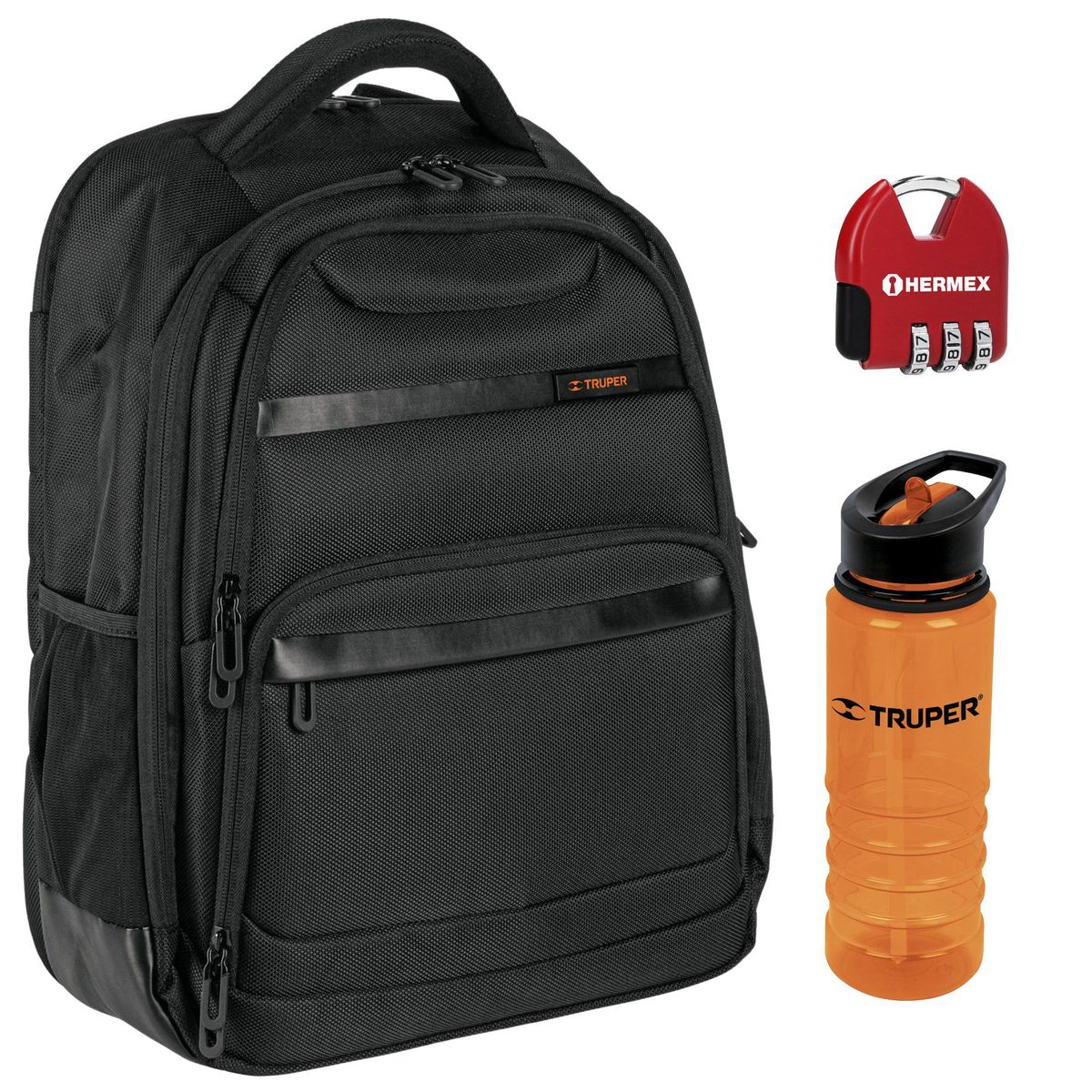 TRUPER - Combo mochila porta laptop, Tomatodo 740 ml y candado de combinación