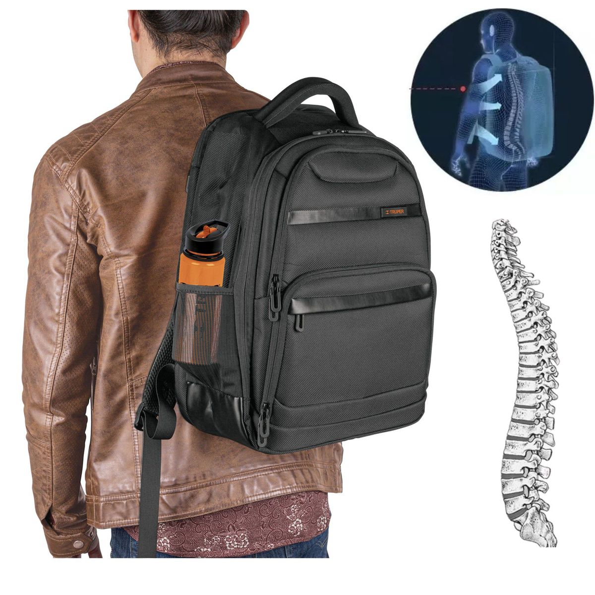 TRUPER - Combo mochila porta laptop, Tomatodo 740 ml y candado de combinación