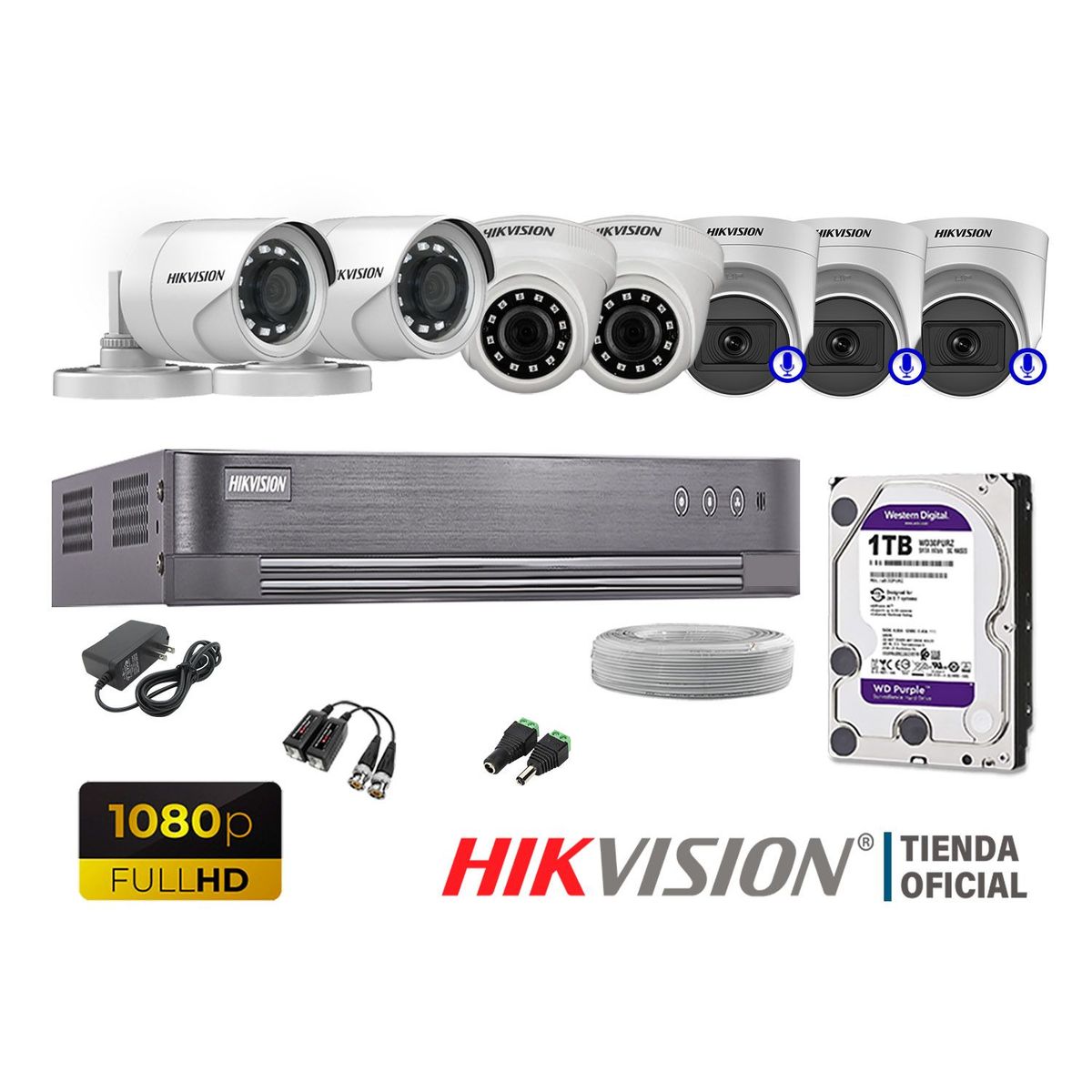 Hikvision - KIT 7 CÁMARAS SEGURIDAD FULL HD 03 CAMARA AUDIO INCORPORAD
