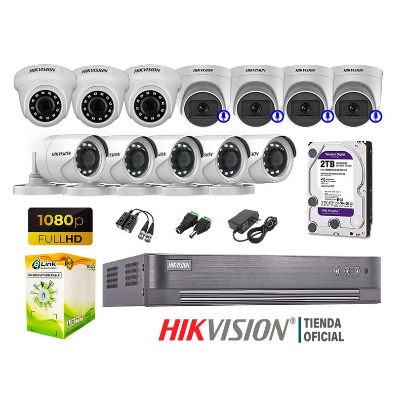 HIKVISION - KIT 12 CÁMARAS SEGURIDAD FULL HD 04 CAMARA CON AUDIO