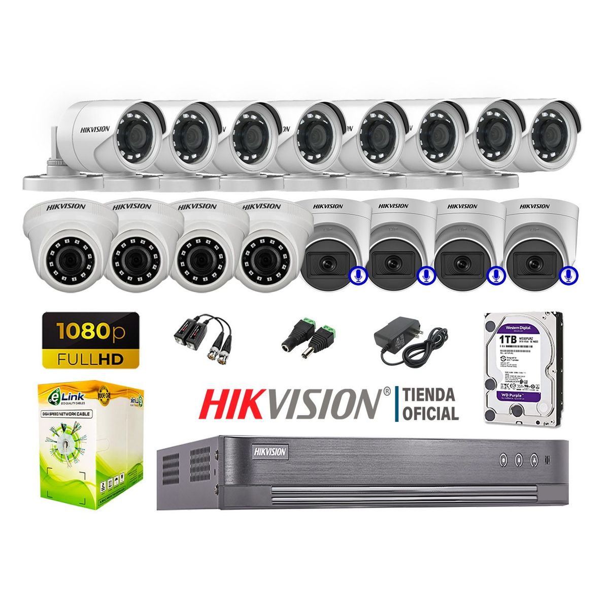 HIKVISION - KIT 16 CÁMARAS SEGURIDAD FULL HD 04 CAMARA AUDIO INCORPORAD